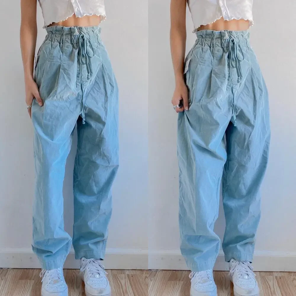 Free People Light Blue Corduroy Paperbag Waist Pleated Trouser Pants XS - Picture 3 of 14